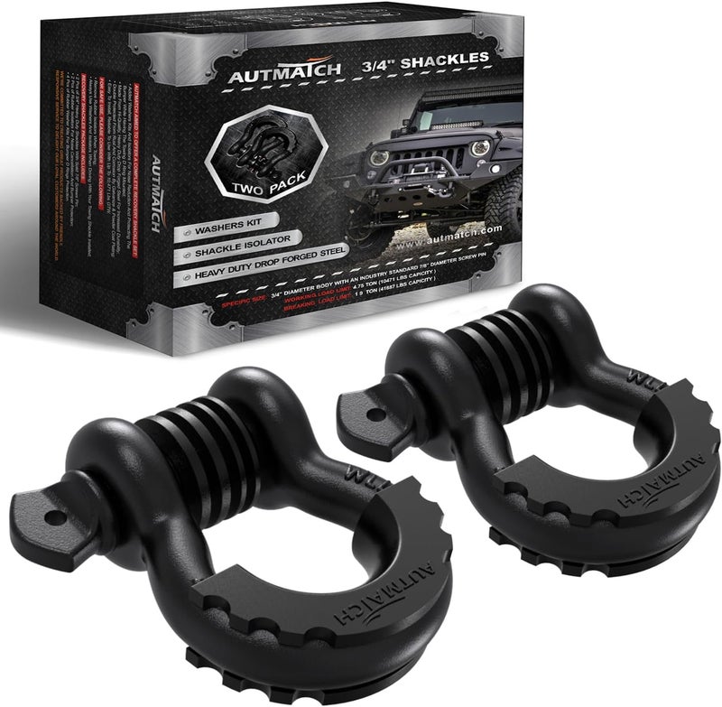 AUTMATCH D Ring Shackle 3/4" Shackles (2 Pack) 41,887Ibs Break Strength, Clevis Shackle with 7/8" Screw Pin and Shackle Isolator Washer Kit for Tow Strap Winch Off Road Vehicle Recovery, Frosted Black - Image 1