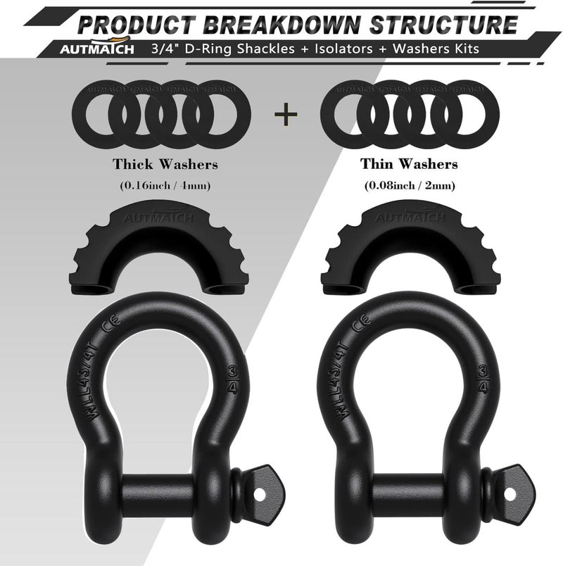 AUTMATCH D Ring Shackle 3/4" Shackles (2 Pack) 41,887Ibs Break Strength, Clevis Shackle with 7/8" Screw Pin and Shackle Isolator Washer Kit for Tow Strap Winch Off Road Vehicle Recovery, Frosted Black - Image 2
