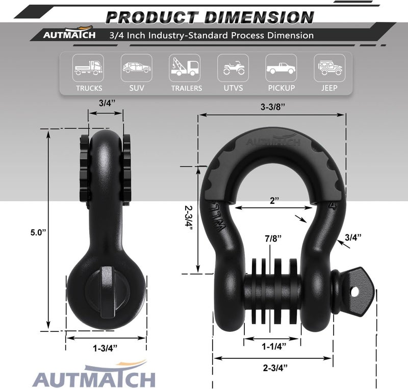 AUTMATCH D Ring Shackle 3/4" Shackles (2 Pack) 41,887Ibs Break Strength, Clevis Shackle with 7/8" Screw Pin and Shackle Isolator Washer Kit for Tow Strap Winch Off Road Vehicle Recovery, Frosted Black - Image 3