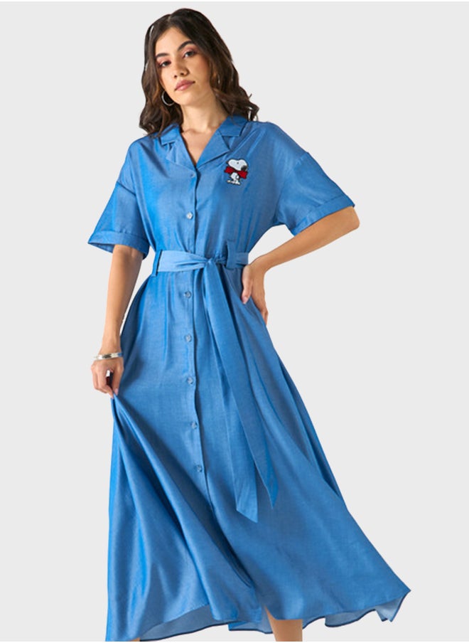 SP Characters - Snoopy Embroidered Belted Shirt Dress - Image 1
