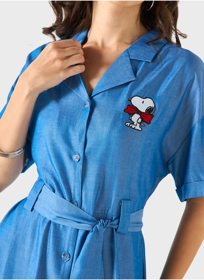 SP Characters - Snoopy Embroidered Belted Shirt Dress - Image 1