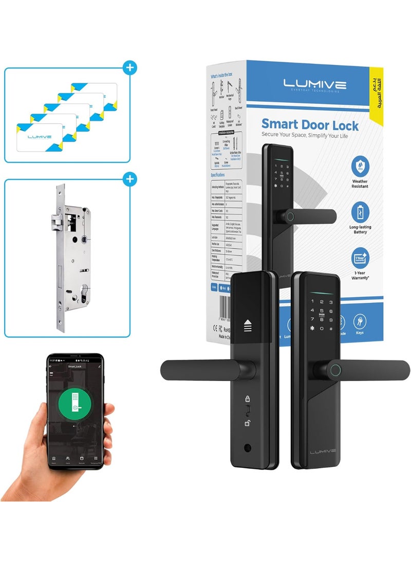 لوميف قفل باب ذكي Lumive Guardian G12، دعم اللغة العربية، إصدار Mortise 4585، التحكم في التطبيق، مناسب للأماكن الخارجية، إدخال بصمات الأصابع، كلمات المرور، Deadbolt، مفاتيح، 5 بطاقات RFID. يعمل مع Alexa (تطبيق TTLock - Bluetooth) - Image 1