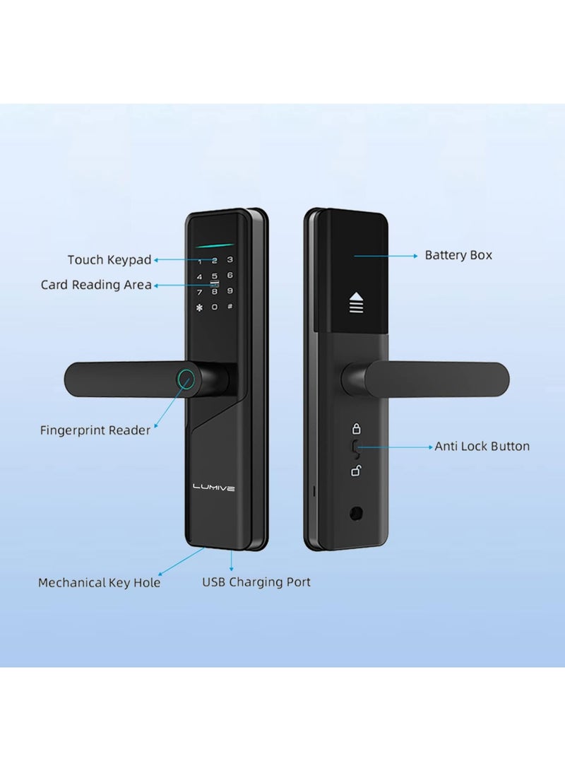لوميف قفل باب ذكي Lumive Guardian G12، دعم اللغة العربية، إصدار Mortise 4585، التحكم في التطبيق، مناسب للأماكن الخارجية، إدخال بصمات الأصابع، كلمات المرور، Deadbolt، مفاتيح، 5 بطاقات RFID. يعمل مع Alexa (تطبيق TTLock - Bluetooth) - Image 2