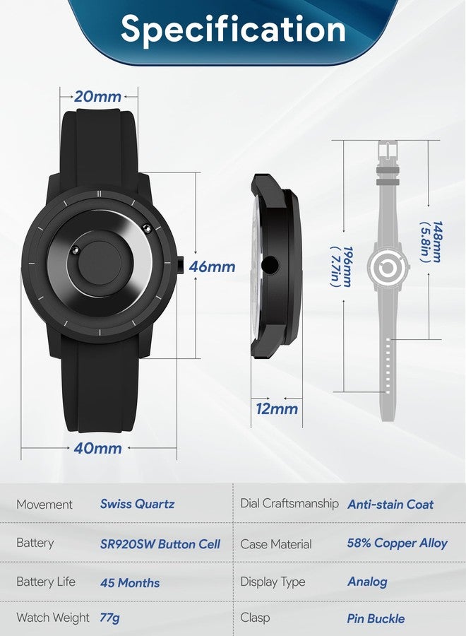 EUTOUR Magnetic Watch, 40mm Specular Dial, Silicone Band, Black - Image 5