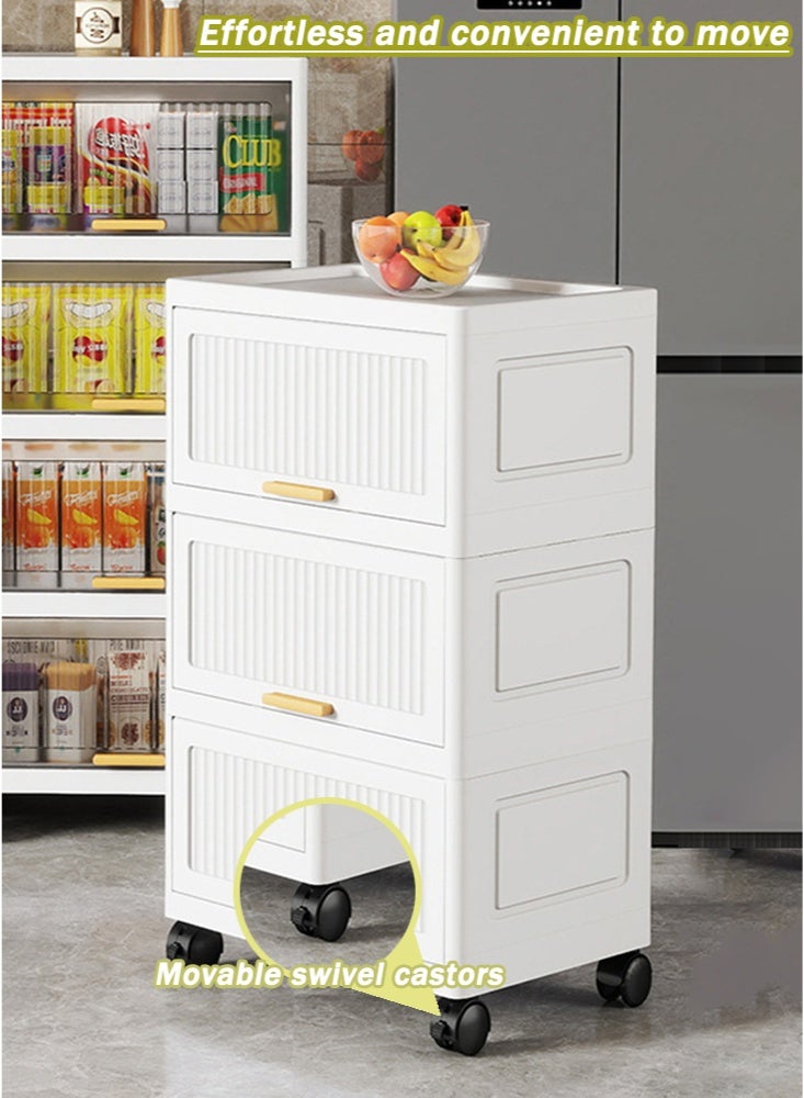 كوزينيست خزانة تخزين بلاستيكية بـ 4 طبقات مع مقابض وأبواب مغناطيسية قابلة للفتح وعجلات، بعرض 52 سم باللون الأبيض الكريمي، صناديق تنظيم قابلة للتكديس بألواح صلبة للملابس والألعاب واللوازم المكتبية - Image 4