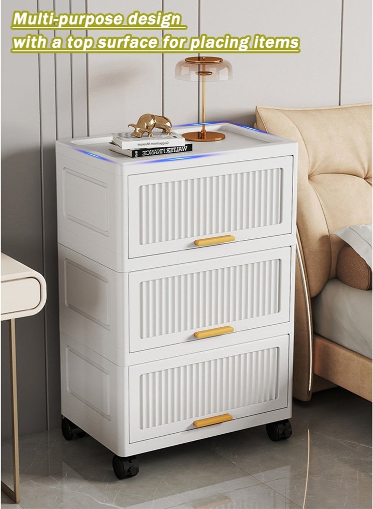 كوزينيست خزانة تخزين بلاستيكية بـ 4 طبقات مع مقابض وأبواب مغناطيسية قابلة للفتح وعجلات، بعرض 52 سم باللون الأبيض الكريمي، صناديق تنظيم قابلة للتكديس بألواح صلبة للملابس والألعاب واللوازم المكتبية - Image 2