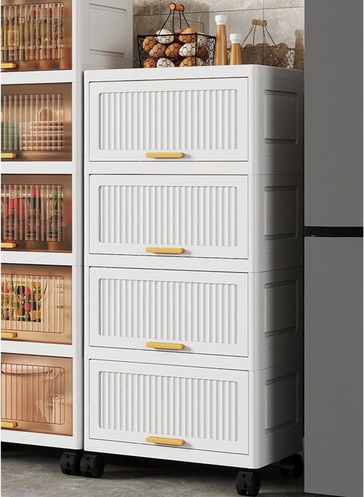 كوزينيست خزانة تخزين بلاستيكية بـ 4 طبقات مع مقابض وأبواب مغناطيسية قابلة للفتح وعجلات، بعرض 52 سم باللون الأبيض الكريمي، صناديق تنظيم قابلة للتكديس بألواح صلبة للملابس والألعاب واللوازم المكتبية - Image 3