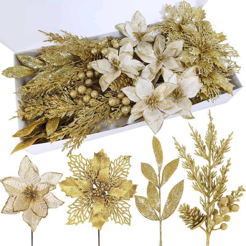 Winlyn مجموعة وينلين من 35 قطعة من زهور البوينسيتياس الاصطناعية وأوراق الزينة مع لمسة من الجليتر الذهبي لتزيين شجرة عيد الميلاد ووسط الزينة والتاج والديكورات - Image 1