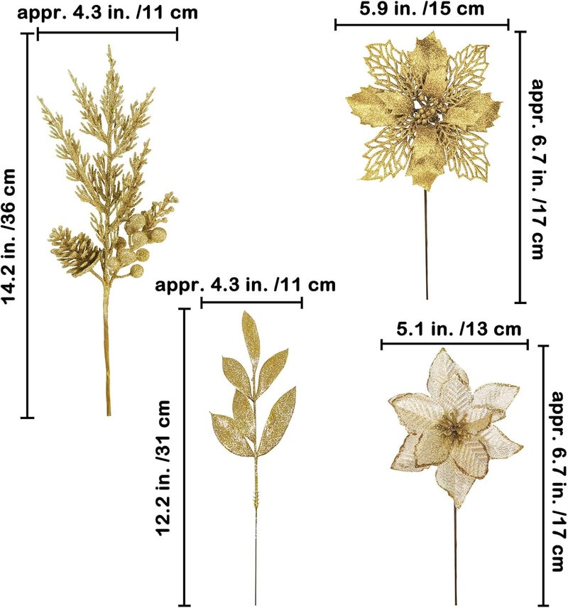 Winlyn مجموعة وينلين من 35 قطعة من زهور البوينسيتياس الاصطناعية وأوراق الزينة مع لمسة من الجليتر الذهبي لتزيين شجرة عيد الميلاد ووسط الزينة والتاج والديكورات - Image 2