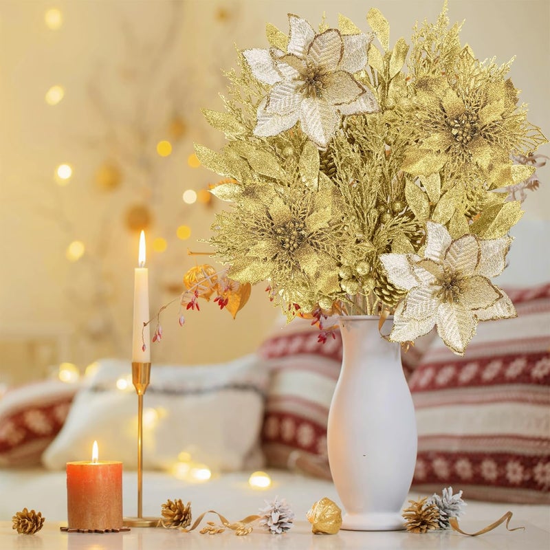 Winlyn مجموعة وينلين من 35 قطعة من زهور البوينسيتياس الاصطناعية وأوراق الزينة مع لمسة من الجليتر الذهبي لتزيين شجرة عيد الميلاد ووسط الزينة والتاج والديكورات - Image 4