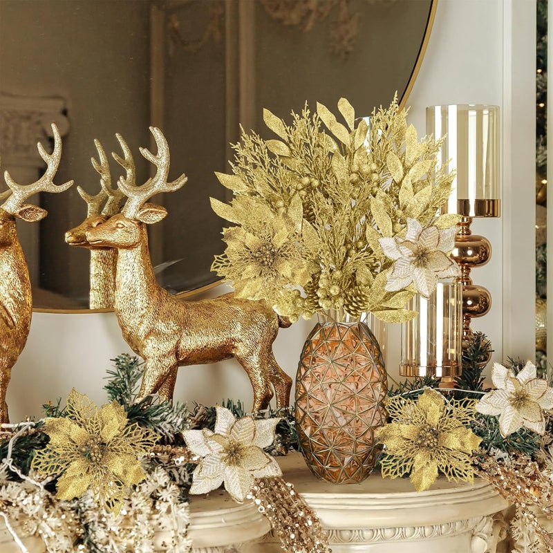 Winlyn مجموعة وينلين من 35 قطعة من زهور البوينسيتياس الاصطناعية وأوراق الزينة مع لمسة من الجليتر الذهبي لتزيين شجرة عيد الميلاد ووسط الزينة والتاج والديكورات - Image 5