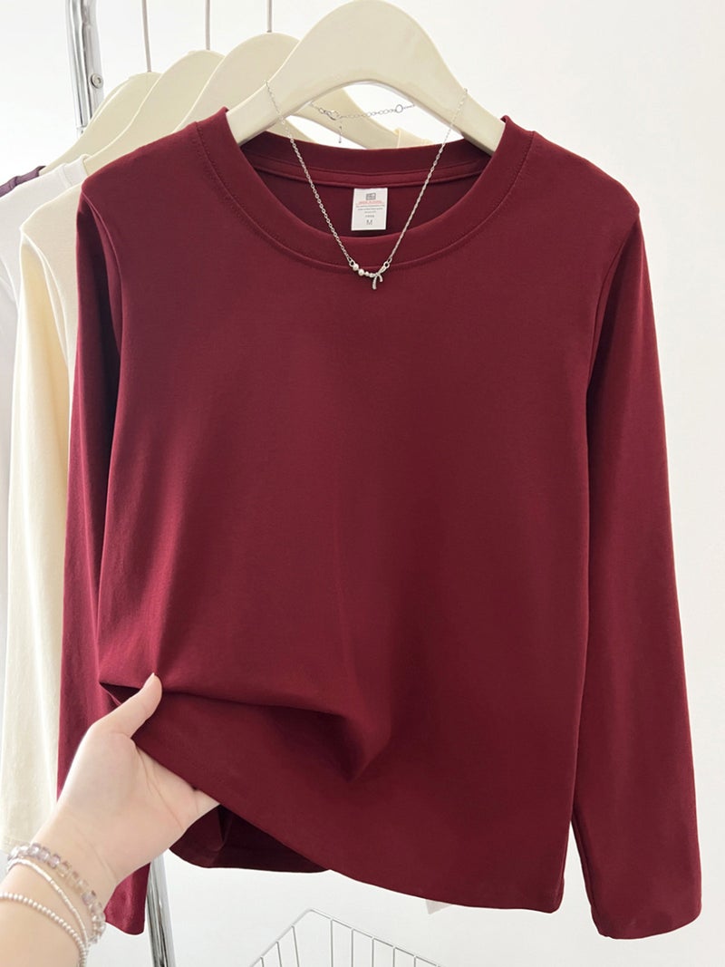 Korean version of full-shoulder round-neck long-sleeved T-shirt for women's fashion and versatile early autumn new student inner layer top - Image 3