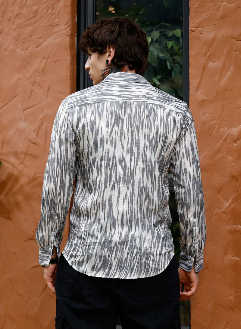 Campus Sutra Campus Sutra Men Contrast-Brush Imprint Shirt | Spread Collar Long Cuffed Sleeves | Button Closure Curved Hem | Abstract-Print Plain | Woven Fabric For Casual & Daily Wear | Charcoal Grey