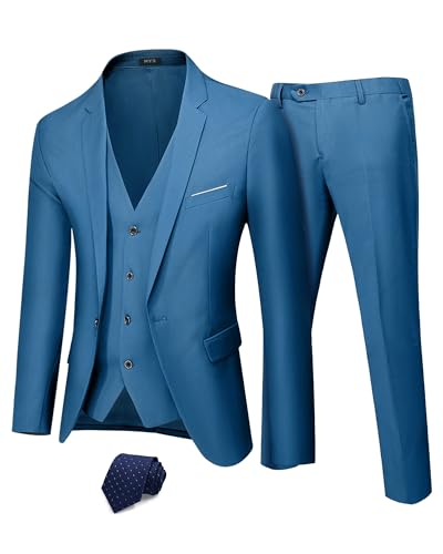 MYS MY'S Men's 3 Piece Suit Set with Tie, One Button Slim Fit Jacket Vest & Pants, Party Wedding Prom Blazer Waistcoat & Trousers, Light Blue X-Large - Image 1