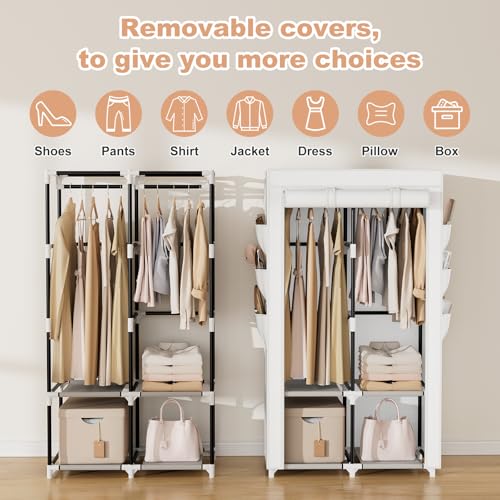 VTRIN Portable Closet Wardrobe Closet for Hanging Clothes with 4 Storage Shelves, 2 Hanging Rods and 6 Pockets, Stable and Easy Assembly Clothes Rack with Cover Free Standing Closet White - Image 5