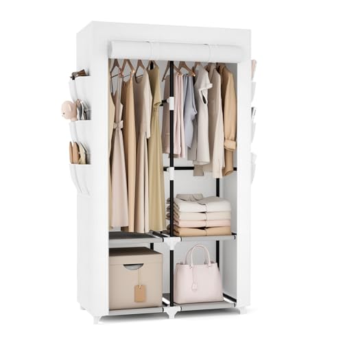 VTRIN Portable Closet Wardrobe Closet for Hanging Clothes with 4 Storage Shelves, 2 Hanging Rods and 6 Pockets, Stable and Easy Assembly Clothes Rack with Cover Free Standing Closet White - Image 1