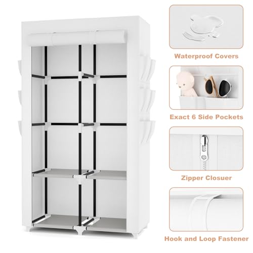 VTRIN Portable Closet Wardrobe Closet for Hanging Clothes with 4 Storage Shelves, 2 Hanging Rods and 6 Pockets, Stable and Easy Assembly Clothes Rack with Cover Free Standing Closet White - Image 4