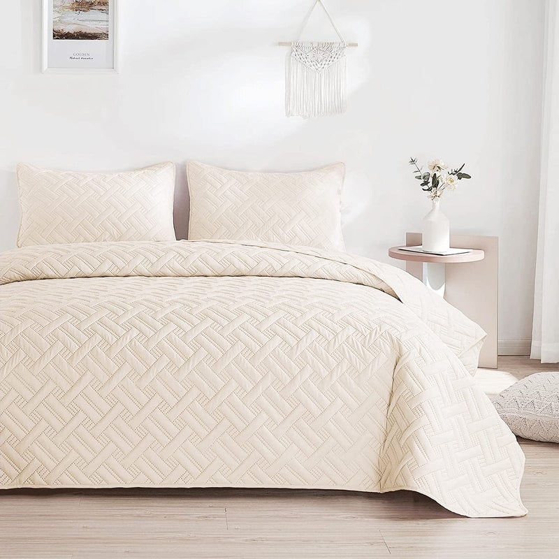 VAS COLLECTIONS All Weather 3 Pcs 100 Cotton Ultrasonic 280 Tc Solid King Size Quilted Bed CoverBedsheet with 2 Pillow Case LuxuriousBeige 90X100 Inches 254X228 cm