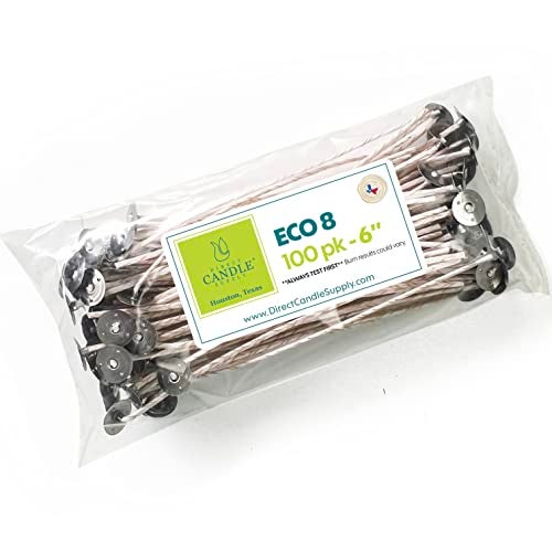 Direct Candle Supply ECO 8 Wicks for Candle Making 6 inch PreWaxed Wicks with Base 100pk White - Image 1