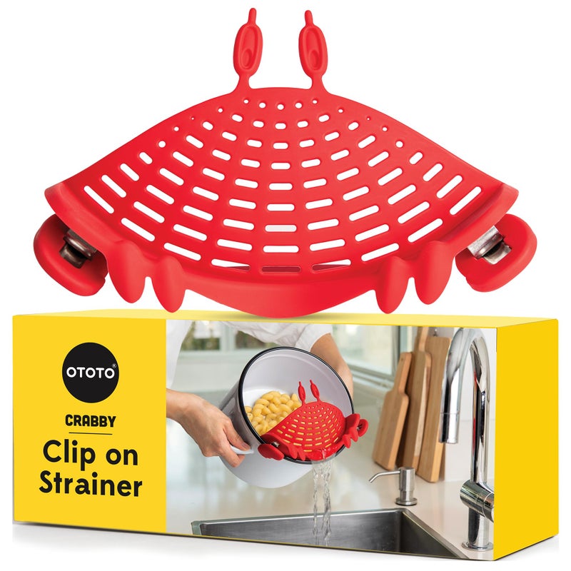 OTOTO NEW Crabby Clip-On Strainer by OTOTO - Silicone and Stainless Steel Pasta Strainer, Funny Gifts, Cute Kitchen Accessories, Red Crab, Cool Kitchen Gadgets - Image 1