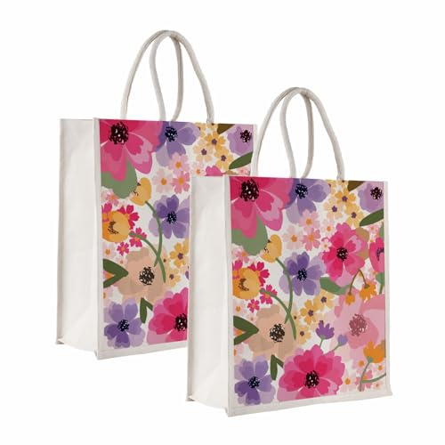 Sangra Canvas Reusable Bags for School, College, Lunch Bag for Office for Men and Women, Grocery Shopping Bag, Multi-Purpose Bag, Sturdy Handle With Zipper Lock (Pack of Two) (Flower) - Image 1