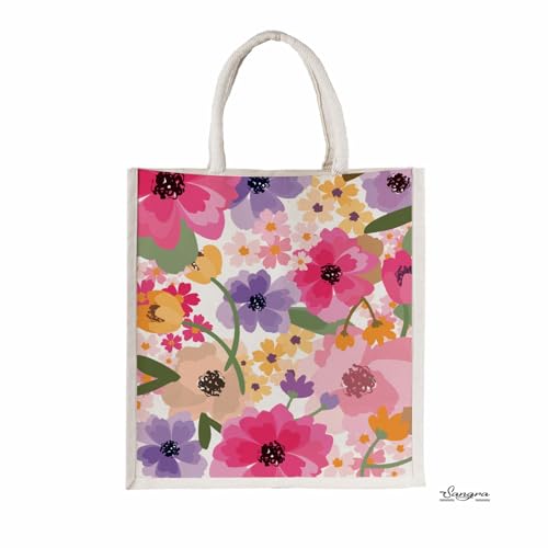 Sangra Canvas Reusable Bags for School, College, Lunch Bag for Office for Men and Women, Grocery Shopping Bag, Multi-Purpose Bag, Sturdy Handle With Zipper Lock (Pack of Two) (Flower) - Image 2
