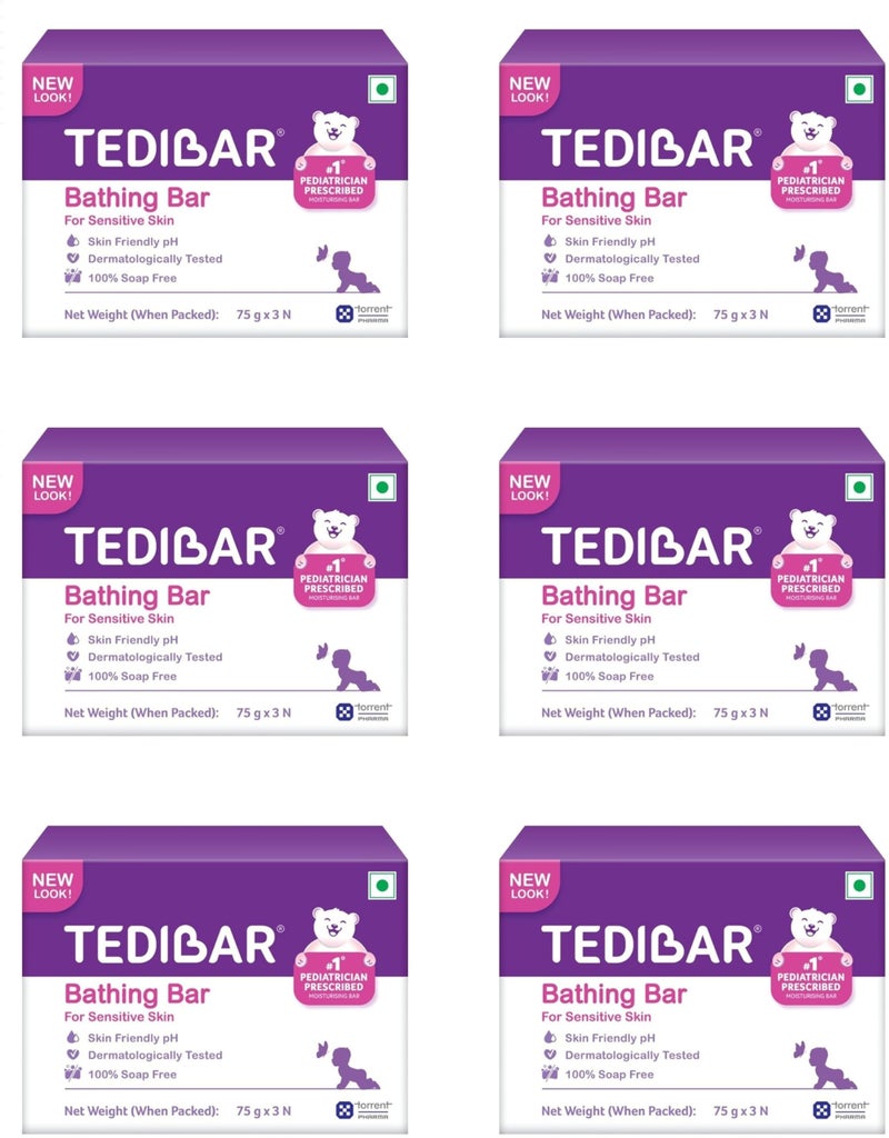 Tedibar Moisturising Baby Bathing Bar (75gx3) with Skin Friendly PH|100% Soap Free|Dermatologically Tested x Pack of 6 - Image 1