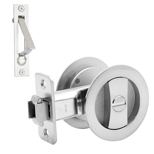 Dontay Pocket Door Privacy Lock Flush Handles 238 Backset BedBath Latch Recessed Knob Hardware for 1 38 to 2 316 Thickness Door Including Edge Pull Brushed Nickel Round 1 Pack - Image 1