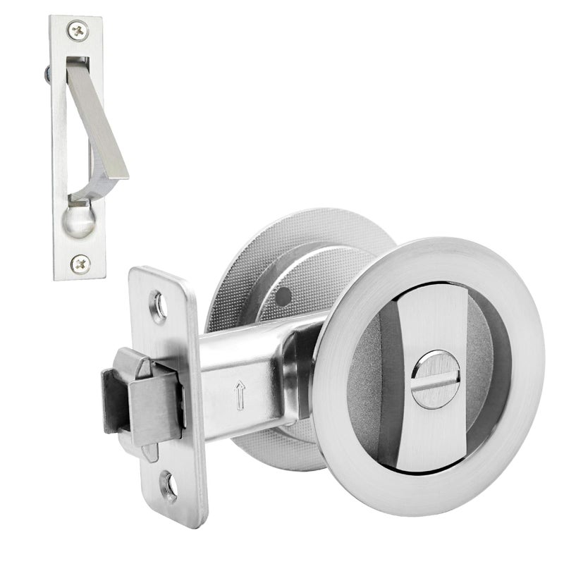 Dontay Pocket Door Privacy Lock Flush Handles 238 Backset BedBath Latch Recessed Knob Hardware for 1 38 to 2 316 Thickness Door Including Edge Pull Brushed Nickel Round 1 Pack - Image 2