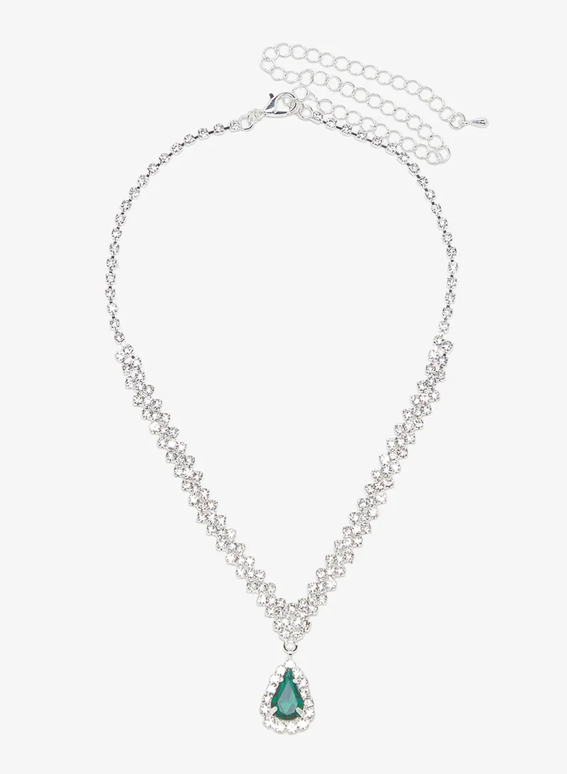 Khizana Silver Diamonte Rhinestone Drop Down Jewelry Set Necklace Earrings
