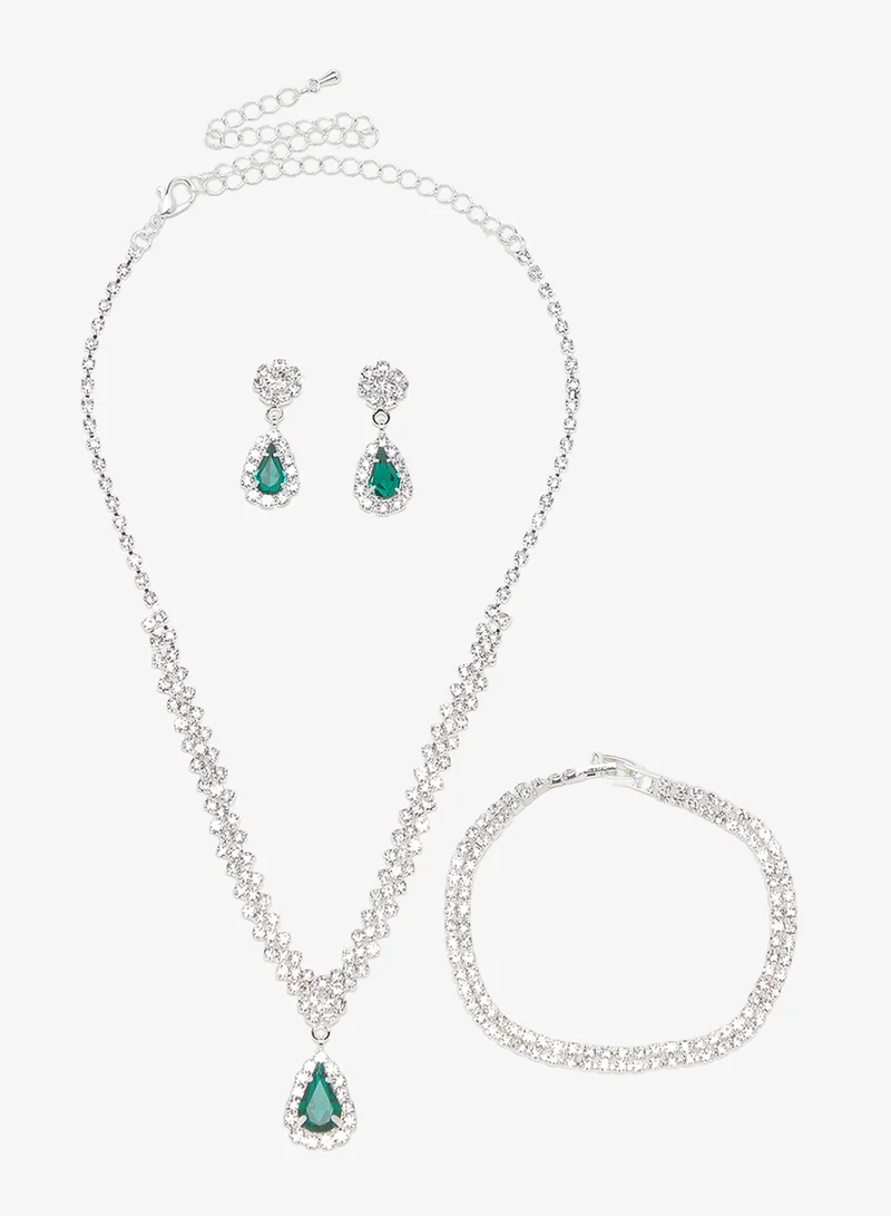 Khizana Silver Diamonte Rhinestone Drop Down Jewelry Set Necklace Earrings