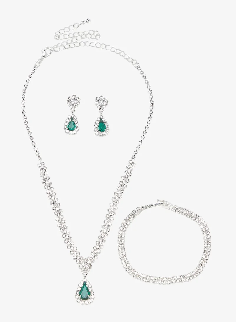 Khizana  Silver Diamonte Rhinestone Drop Down Jewelry Set Necklace Earrings for Women | Best Price UAE