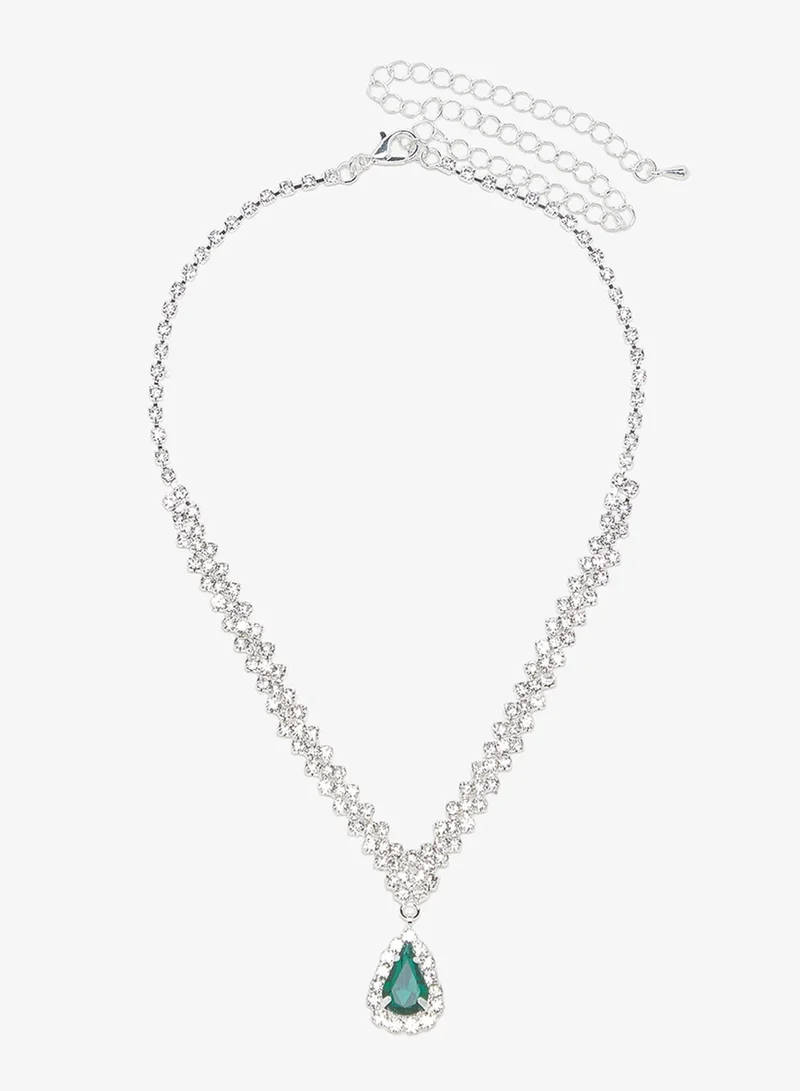 Khizana  Silver Diamonte Rhinestone Drop Down Jewelry Set Necklace Earrings for Women | Best Price UAE