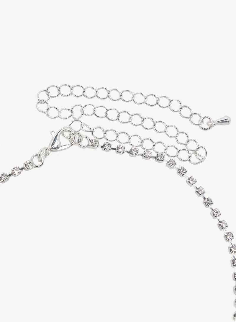 Khizana  Silver Diamonte Rhinestone Drop Down Jewelry Set Necklace Earrings for Women | Best Price UAE