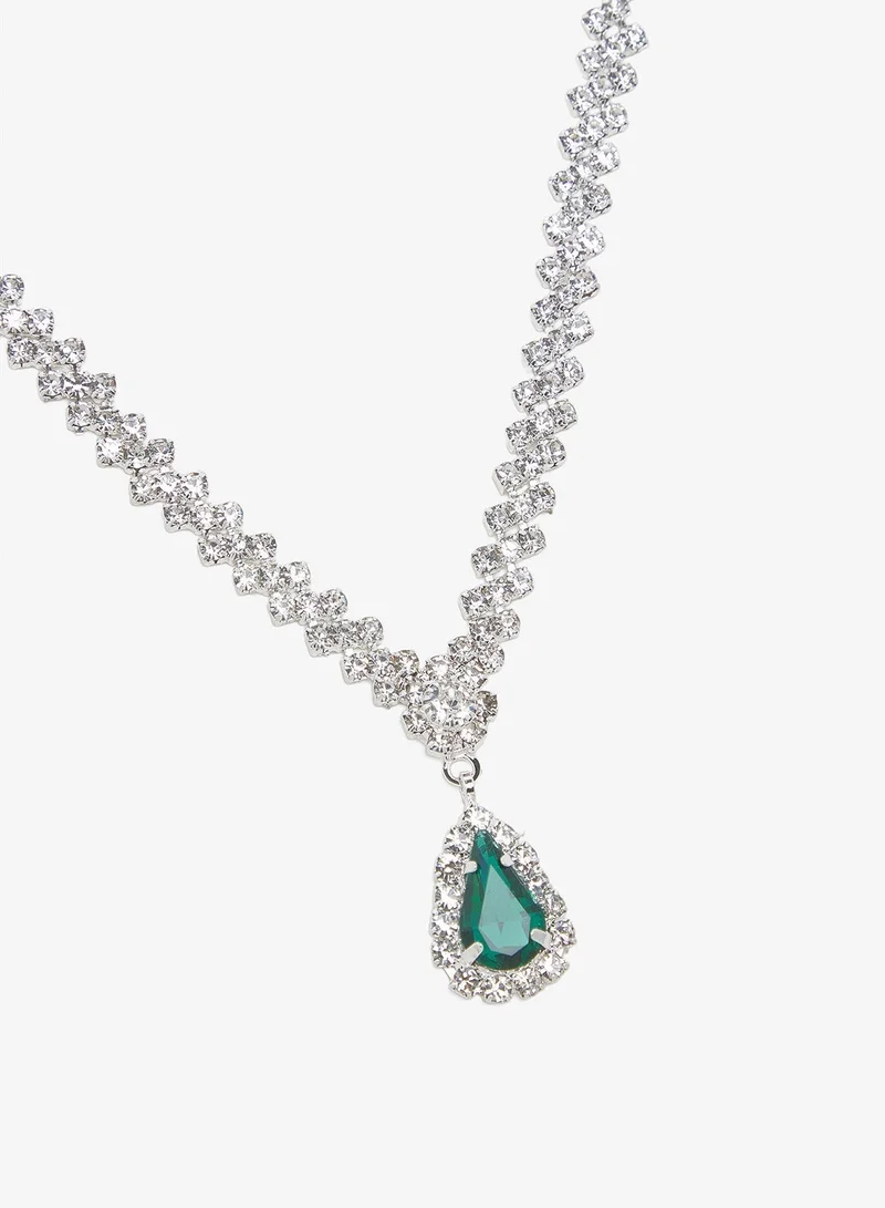 Khizana  Silver Diamonte Rhinestone Drop Down Jewelry Set Necklace Earrings for Women | Best Price UAE