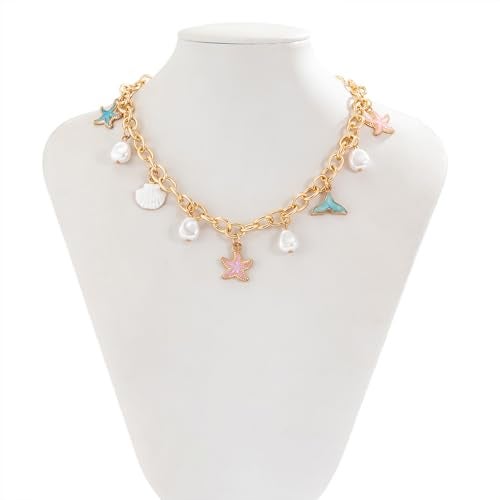 KONPJE Gold Charm Necklace for Women White Pearl Choker Necklace Starfish Mermaid Pendant Necklace Chunky Charm Necklace Jewelry for Summer Beach Party - Image 5