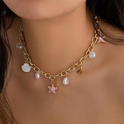 KONPJE Gold Charm Necklace for Women White Pearl Choker Necklace Starfish Mermaid Pendant Necklace Chunky Charm Necklace Jewelry for Summer Beach Party - Image 3