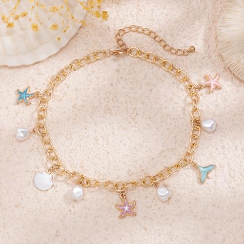 KONPJE Gold Charm Necklace for Women White Pearl Choker Necklace Starfish Mermaid Pendant Necklace Chunky Charm Necklace Jewelry for Summer Beach Party - Image 4