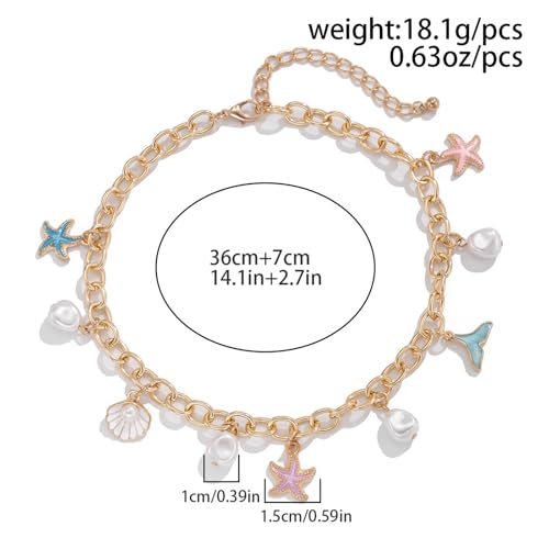 KONPJE Gold Charm Necklace for Women White Pearl Choker Necklace Starfish Mermaid Pendant Necklace Chunky Charm Necklace Jewelry for Summer Beach Party - Image 2