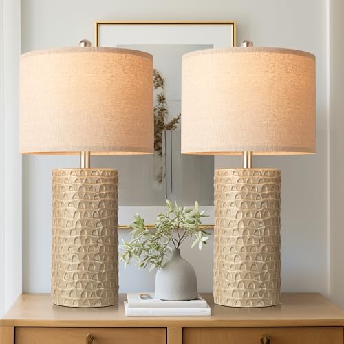 PARTPHONER 23" Modern Ceramic Table Lamp Set of 2, Table Lamps for Living Room, Rustic Farmhouse Bedside Lamps Nightstand lamp for Bedroom, Desk Lamp for End Table Home Decor Beige - Image 1