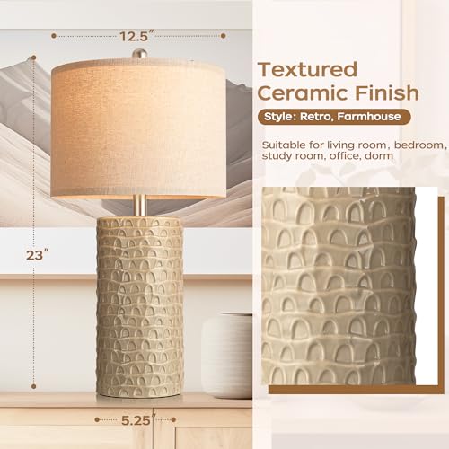 PARTPHONER 23" Modern Ceramic Table Lamp Set of 2, Table Lamps for Living Room, Rustic Farmhouse Bedside Lamps Nightstand lamp for Bedroom, Desk Lamp for End Table Home Decor Beige - Image 3