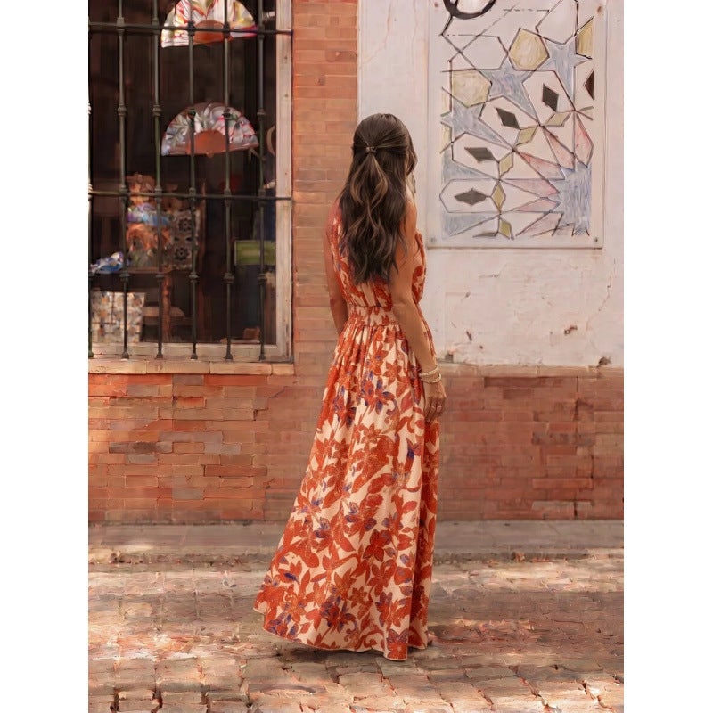 Elegant Halter Neck Long Dress with Tropical Floral Print, Ruched Waist A-Line Summer Dress - Image 3