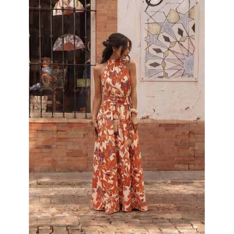 Elegant Halter Neck Long Dress with Tropical Floral Print, Ruched Waist A-Line Summer Dress - Image 1