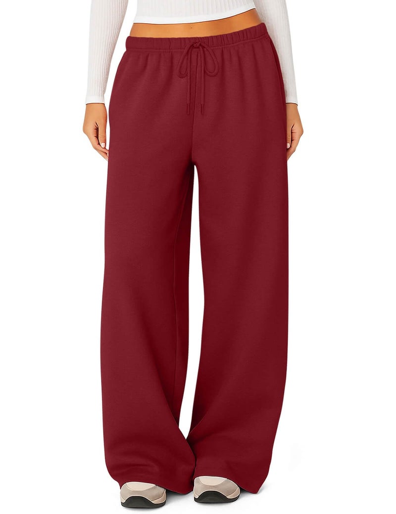 HeSaYep Women's Wide Leg Sweatpants Baggy Fleece Lined High Waisted Sweat Pants Straight Leg Casual Drawstring Pants with Pockets Wine Red L - Image 1