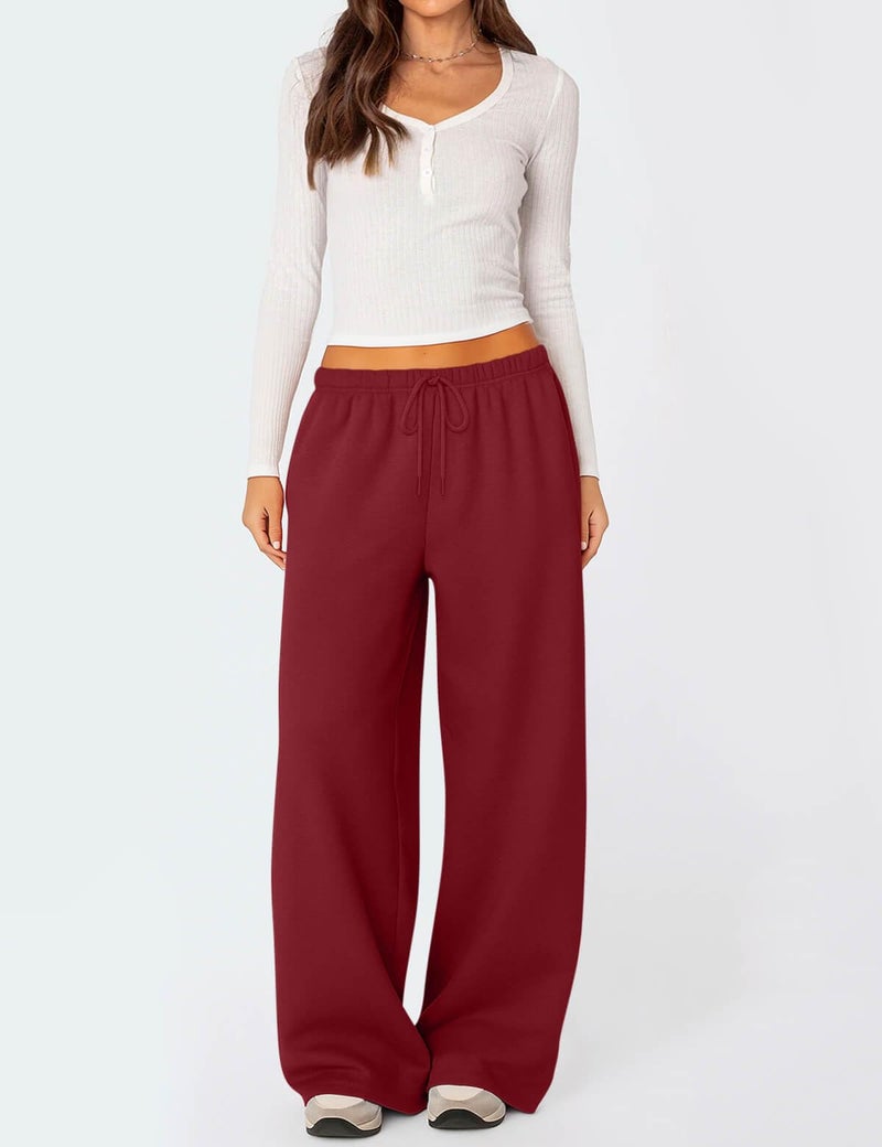 HeSaYep Women's Wide Leg Sweatpants Baggy Fleece Lined High Waisted Sweat Pants Straight Leg Casual Drawstring Pants with Pockets Wine Red L - Image 5