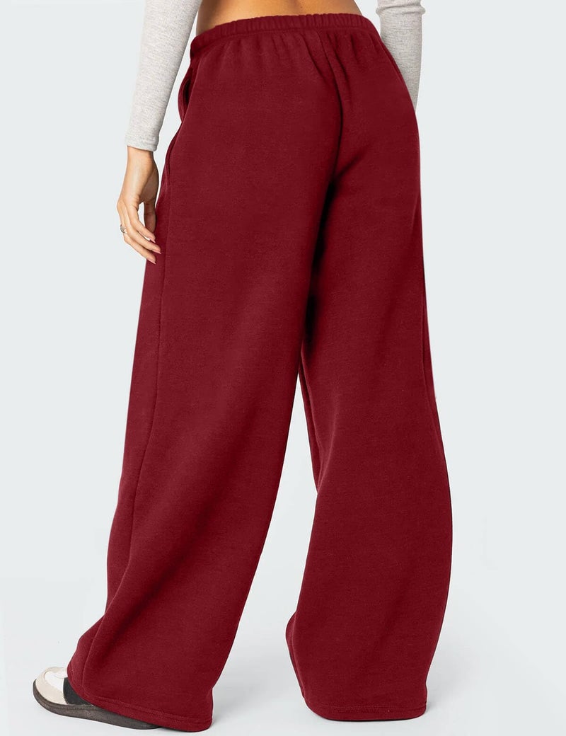 HeSaYep Women's Wide Leg Sweatpants Baggy Fleece Lined High Waisted Sweat Pants Straight Leg Casual Drawstring Pants with Pockets Wine Red L - Image 2