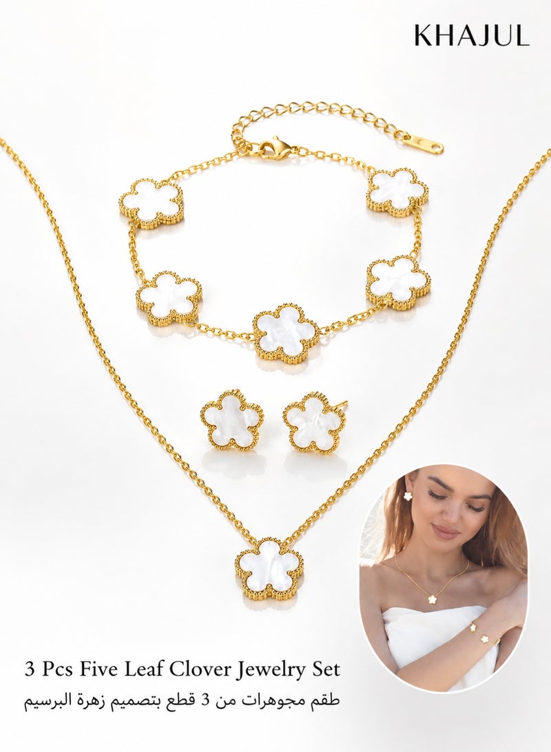 KHAJUL 3 Pcs Five Leaf Clover Jewelry Set, White Gold Plated Necklace Bracelet Earrings with Floral Design, Stainless Steel Jewelry for Women, Adjustable Size Gift Set for Wedding Party Daily Wear (White Gold) - Image 1