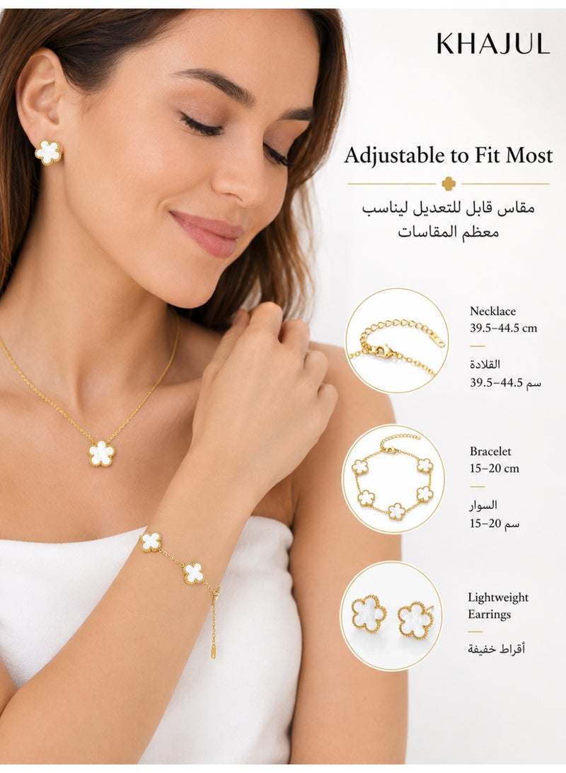 KHAJUL 3 Pcs Five Leaf Clover Jewelry Set, White Gold Plated Necklace Bracelet Earrings with Floral Design, Stainless Steel Jewelry for Women, Adjustable Size Gift Set for Wedding Party Daily Wear (White Gold) - Image 2