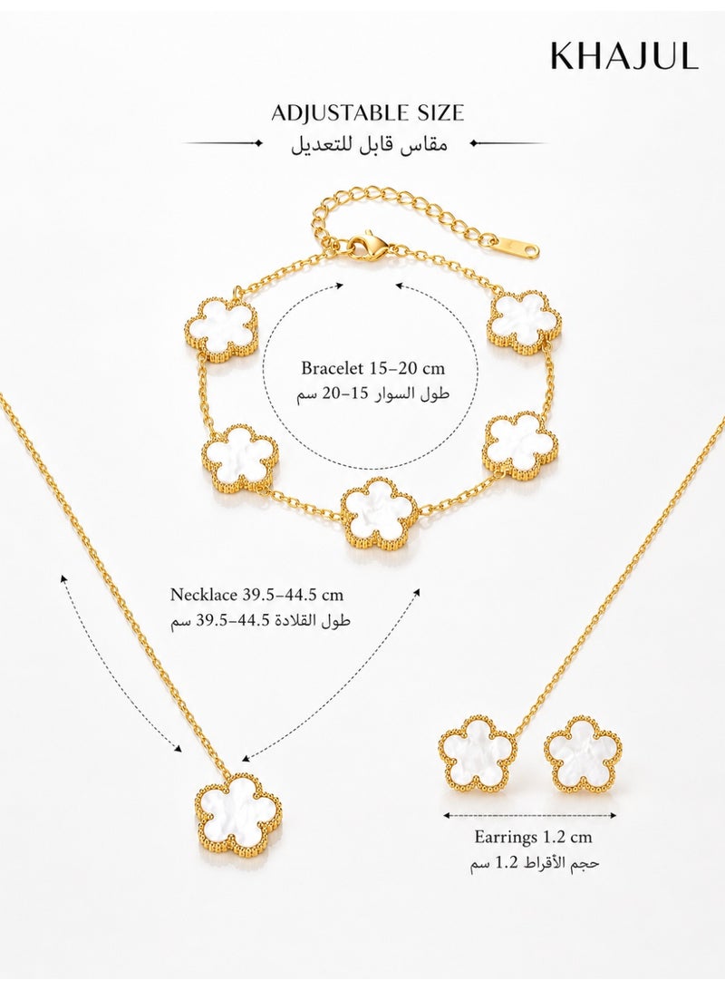 KHAJUL 3 Pcs Five Leaf Clover Jewelry Set, White Gold Plated Necklace Bracelet Earrings with Floral Design, Stainless Steel Jewelry for Women, Adjustable Size Gift Set for Wedding Party Daily Wear (White Gold) - Image 3