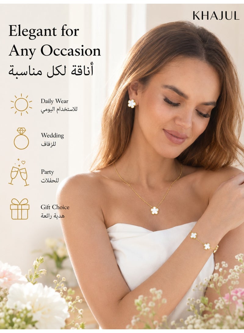 KHAJUL 3 Pcs Five Leaf Clover Jewelry Set, White Gold Plated Necklace Bracelet Earrings with Floral Design, Stainless Steel Jewelry for Women, Adjustable Size Gift Set for Wedding Party Daily Wear (White Gold) - Image 4
